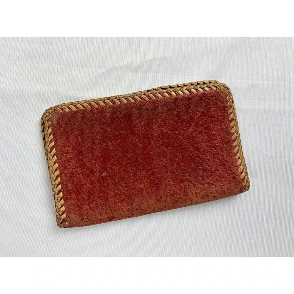 Vintage‎ Handmade Red Leather Whipstitch Bifold Wallet Card Holder Western Boho